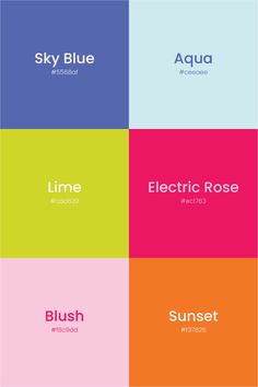 four different colored squares with the words sky blue, aqua, lime, electric rose and sunset