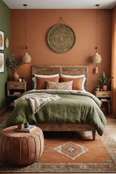 a bedroom with an orange wall and green bedding in the corner, along with two planters on either side of the bed