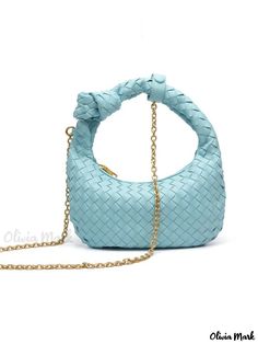 Olivia Mark - Exquisite Handcrafted Handbag with Intricate Weaving and Stylish Metal Chain Crossbody Design Blue Woven Top Handle Shoulder Bag, Chic Blue Woven Bag, Blue Top Handle Shoulder Bag With Chain Strap, Elegant Blue Woven Bag, Blue Shoulder Bag With Top Handle And Chain Strap, Designer Blue Bag With Chain Strap, Chic Blue Bag With Intrecciato Weave, Blue Shoulder Bag With Chain Strap, Blue Intrecciato Weave Shoulder Bag For Shopping