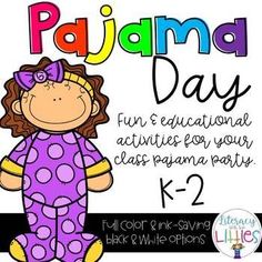 a poster with the words pajama day written in black and purple polka dots