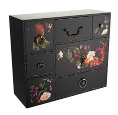 the drawers are painted with flowers and birds on them, as well as metal handles