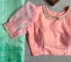 Blouse For Pink Organza Saree, Organza Blouse Work Designs, Feeding Blouse Design For Saree, Organza Blouse Designs Latest Back, Blouse Designs For Net Blouse, Collar Blouse Designs Latest, Blouse Stiching Design, Coller Neck Blouse Patterns Back, Buff Hands Blouse Designs