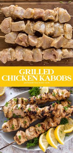 grilled chicken kabobs with lemon wedges and parsley on the side