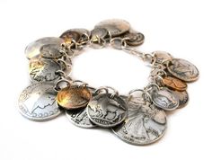 This sterling silver bracelet has 19 different American coins that we have drilled, domed and polished!  To make one, we literally get down on our hands and knees to go through my grandfather's stash. Each bracelet is different. An example is shown, Coins may vary, but it will be similar to the picture, except for the clasp, which will be a sturdy lobster claw clasp. The bracelet, findings and clasp are sterling silver. I love these bracelets!See my website at: http://www.madefromcoins.com - Tha Heirloom Silver Coin Jewelry, Heirloom Style Sterling Silver Bracelets In Silver, Collectible Silver Bracelets, Vintage Silver Coin Bracelet, Vintage Silver Coin Bracelets, Heirloom Silver Stamped Bracelets, Silver Coin Shaped Stamped Jewelry, Silver Coin-shaped Engraved Bracelets, Antique Sterling Silver Bracelet With Polished Finish