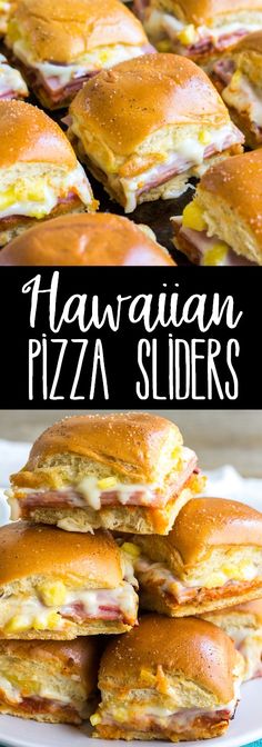 the hawaiian pizza sliders are stacked on top of each other and ready to be eaten