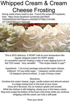 the recipe for whipped cream and cream cheese frosting is shown in this advert