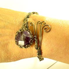 Women's Amethyst Crystal Silver Wire Wrapped Cuff - Bracelet - Handmade Artisan Jewelry Spiritual Hand Forged Cuff Bracelet Gift, Bronze Wire Wrapped Bracelet For Gift, Wire Wrapped Brass Bracelets Gift, Amethyst Cuff Bracelet As Gift, Amethyst Cuff Bracelet In Purple For Gift, Purple Amethyst Cuff Bracelet Gift, Hand Forged Amethyst Bronze Jewelry, Spiritual Amethyst Cuff Bracelet In Purple, Spiritual Purple Amethyst Cuff Bracelet