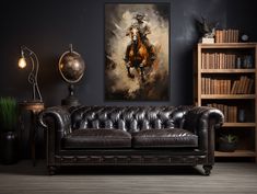 a living room filled with furniture and a painting on the wall above it's couch