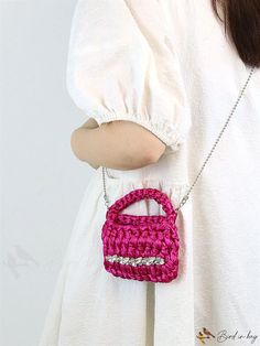 BirdinBag - Compact Pink Rhinestone Crochet Bag with Chain ÃÂ¢ÃÂÃÂ Mini Neon Design Bag With Chain, Neon Design, Bag Chain, Word Wrap, Plaid Fashion, Pink Rhinestones, Bag Bag, Mini Fashion, Square Bag