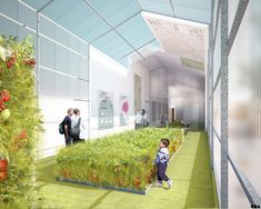 an artist's rendering of people walking through a greenhouse with plants growing in it