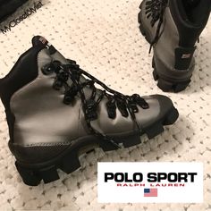 Ralph Lauren Sport Boot Lug Sole Boots Rare! New Gunmetal Snow Ski Rain Ooak 8 Ankle Rad Shoes Ralph Lauren Sport! New! 100% Authentic From Rl Sport Line! With Usa Flag & Cool Heavy Lugged Sole Reminiscent Of Mountain Climbing Design. Cool Gunmetal Color. So Chic. Literally One Of A Kind... From A Rl Insider In Nyc. Most Likely The Only Ones Made. You Won’t See Anyone With These Beauties. Perfect For The It Girl Or Those Who Like Unique. Amazing Design In & Out! Don't Miss Them. One Of A Kind Ch Leather Hiking Boots With Protective Metal Feet, Leather Hiking Boots With Protective Metal Feet For Walking, Sporty Boots With Leather Sole For Outdoor, Sporty Outdoor Boots With Leather Sole, Gray Leather Hiking Boots, Gray Leather Hiking Boots For Walking, Gray Leather High-top Hiking Boots, Gray High-top Leather Hiking Boots, Gray Leather Hiking Boots For Outdoor Activities