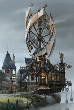 an artistic painting of a house with a giant clock on it