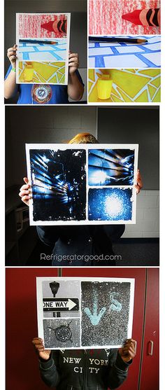 four different pictures show people holding up their art work in front of the camera, and then showing them how to make it look like they are doing something