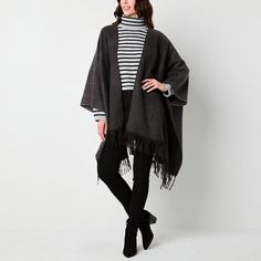 This women's monochrome wrap from a.n.a is as chic and cozy as it looks. It's knitted from a super-soft woven fabric with a fringed trim and it slips on easily. This oversized style will pair perfectly with your favorite cold-weather looks as a warm outer layer.Scarf Length: 62 InScarf Width: 55 InFiber Content: 100% PolyesterFabric Description: WovenCare: Hand WashCountry of Origin: Imported Chic Winter Layering Wraps, Chic Winter Layering Wrap, Chic Winter Wraps For Layering, Chic Fall Wrap Poncho, Chic Knit Poncho For Fall, Winter Layering Wraps, Shawl Outfit Fall, Shawl Outfit, Crochet Clothing