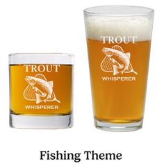 a glass filled with beer next to a shot glass that says, trout whisperer