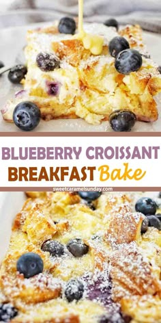 blueberry croissant breakfast bake with powdered sugar on top