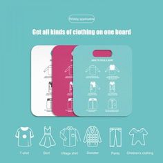 two cutting boards with clothes on them and the words get all kinds of clothing on one board