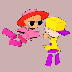 two cartoon characters are talking to each other while one is wearing a red hat and the other has a yellow shirt