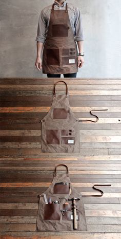 a man standing on top of a wooden floor wearing an apron