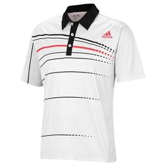 a white polo shirt with black and red stripes on the collar, short sleeves and cuffs