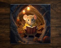 a mouse is reading a book in the dark