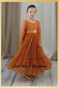 Flower Girl Dress in Burnt Orange Tulle and Lace Girls Orange Dress, Orange Long Sleeve Dress, Kids Wedding Outfits, Orange Mermaid, Boho Flower Girl, Mermaid Style Dress, Infant Flower Girl Dress, Burnt Orange Dress, Fall Family Photos