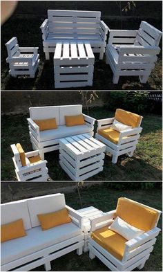 some white and yellow furniture sitting on top of each other in different stages of being made