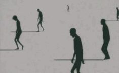 the silhouettes of several people walking in different directions on a white background with black and gray colors