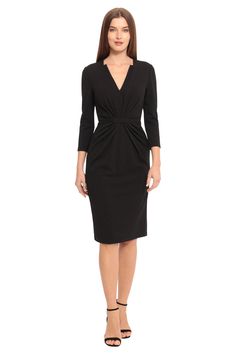 This tuxedo style dress is Zoey. We adore her notched v-neck, ruched waist and 3/4 length sleeves! Brunch Thanksgiving, Fall Reception, Reception Cocktail, Missy Dresses, Dress Event, Office Workwear, Knee Length Skirt Pencil, Tuxedo Style, Tuxedo Dress