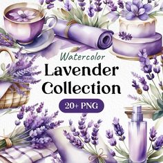 watercolor lavender collager collection with purple flowers and teapots on the table