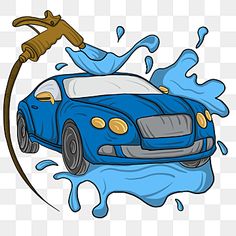 a blue car is being washed with water, cartoon, character png and psd