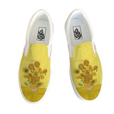 You'll be a walking piece of art with this famous Van Gogh painting on your shoes!  We buy each pair of shoes BRAND NEW. Each pair is made to order, please make sure you put in the correct shoe size before you check out. The ink is permanent and will never come off, fade away, or peel off. Made in the USA. This price includes everything: shoes, artwork, and shipping.  Because the artwork is custom made for you, there are no exchanges or returns. If you have any issues with your order, please feel free to reach out to us and we will be more than glad to help you! Please know your size before ordering. Sizes listed are in US sizing scale. Please note that colors of actual item may slightly differ from what you see on your screen due to differences in computer monitor settings. Note: Blvd Cus Artistic Canvas Shoes With Rubber Sole, Artistic Hand-painted Slip-on Sneakers, Artistic Slip-on Sneakers With Rubber Sole, White Slip On Vans, Mens Vans Shoes, Van Gogh Sunflowers, White Slip, Van Gogh Paintings, Sunflower Painting