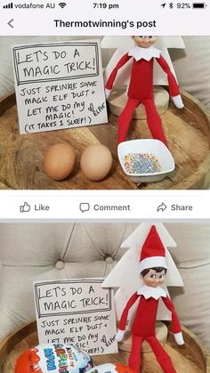 two pictures of an elf sitting on top of a table with eggs and other items