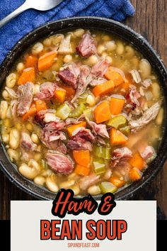 ham and bean soup in a cast iron skillet with a blue towel next to it