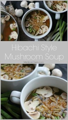 three bowls filled with mushroom soup on top of a table