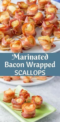 bacon wrapped scallops on skewers with text overlay