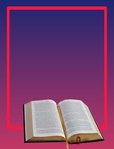 an open book sitting on top of a wooden table next to a red square frame