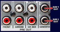 an audio panel with red knobs and two black buttons on each side, labeled sub 1 out