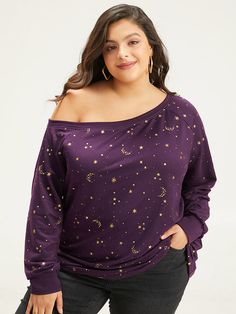 Moon & Star Glitter One Shoulder Sweatshirt Glitter Long Sleeve Winter Tops, Glitter Long Sleeve Tops For Winter, Winter Glitter Long Sleeve Tops, Long Sleeve Glitter Tops For Winter, Long Sleeve Glitter Top For Winter, Long Sleeve Tops For Christmas Night Out, Glitter Print Crew Neck Tops For Fall, Long Sleeve Star Print Tops For Fall, Casual Star Print Tops For Party