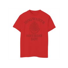 a red harry's birthday boy t - shirt with hogwarts on it