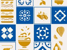 a series of nine different designs in blue, yellow and white on a square background