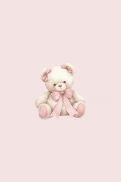 a white teddy bear with a pink bow on it's head sitting in front of a light pink background