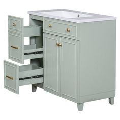 a bathroom vanity with two drawers and a sink in the middle, on white background