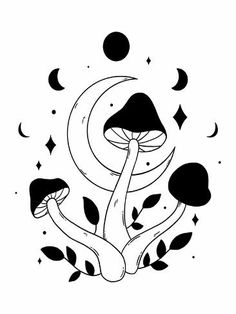 a black and white drawing of mushrooms in the night sky with stars, moon and leaves