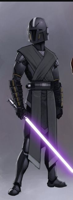 a drawing of a man in armor holding a purple light saber and wearing a helmet