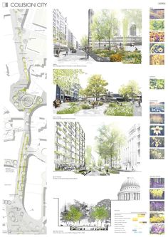 an architectural drawing shows the various stages of building and trees in different sections, including buildings