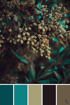 the color palette is teal, brown and green with some white berries on it