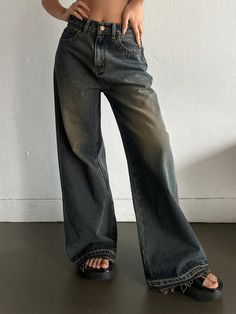 Women Loose Fit Denim Pants For Daily Wear In Summer Dusty Blue    Denim Plain,All Over Print Wide Leg Non-Stretch  Women Clothing, size features are:Bust: ,Length: ,Sleeve Length: Loose Fit Denim, Winter Jeans, Printed Sleeveless Top, Textiles Fashion, Dark Jeans, Women Denim Jeans, Washed Jeans, Wide Leg Denim, Dark Wash Jeans