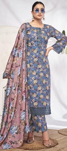 Blue color Salwar Kameez in Cotton fabric with Digital Print, Embroidered, Floral, Lace work Pant Suit For Women, Pakistani Suits Party Wear, Straight Salwar, Pant Suits For Women, Lehenga Choli Wedding, Bollywood Dress, Bespoke Clothing, Lehenga Style, Suit For Women