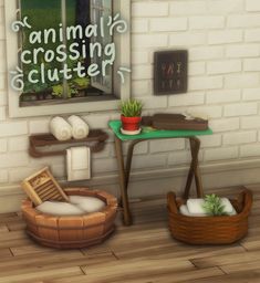 an animal's crossing clutter is displayed in front of a window